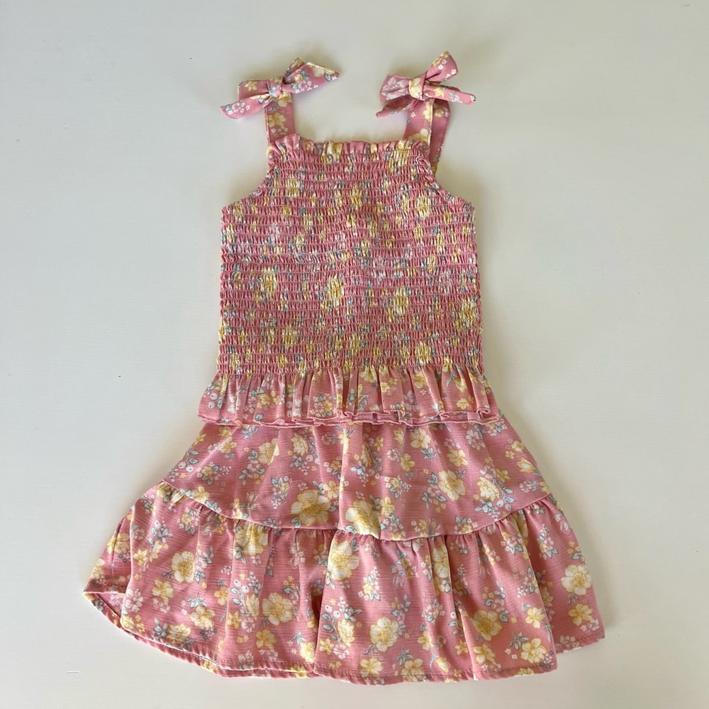 Pink Floral Smocked Two Piece Dress with Bows